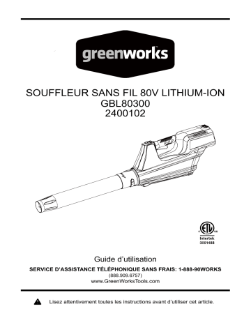 Manuel du propriétaire Greenworks 2400102 - Souffleur sans fil 80V | Fixfr