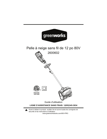 Greenworks 2600602 Manuel du propriétaire - Pelle à Neige Sans Fil | Fixfr