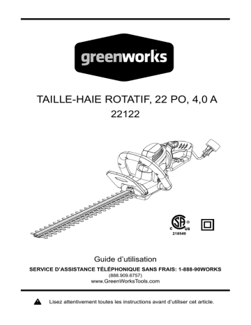 Greenworks 22122 Manuel du propriétaire - Taille-haie électrique 22 pouces | Fixfr
