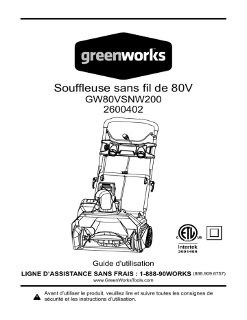 Manuel du propriétaire Greenworks 2600402 - Souffleuse à neige sans fil | Fixfr