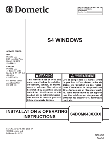 Manuel Dometic S4 Windows S4DOM040XXXX - Instructions d'installation et d'utilisation | Fixfr