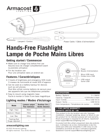 Mode d'emploi - Lampe de poche rechargeable mains libres LED Armacost Lighting | Fixfr