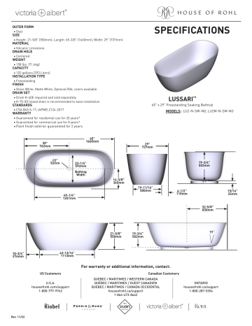 HOUSE OF ROHL LU2-N-SW-NO Manuel du propriétaire - Baignoire autoportante ovale | Fixfr