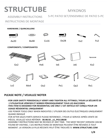 STRUCTUBE Mykonos Manuel utilisateur - Ensemble de Patio 5 pièces | Fixfr