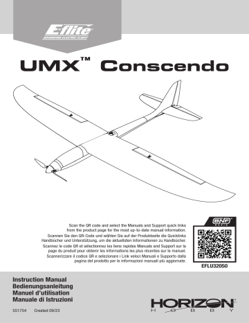 Manuel de l'utilisateur E-Flite EFLU32050 UMX Conscendo Glider | Fixfr