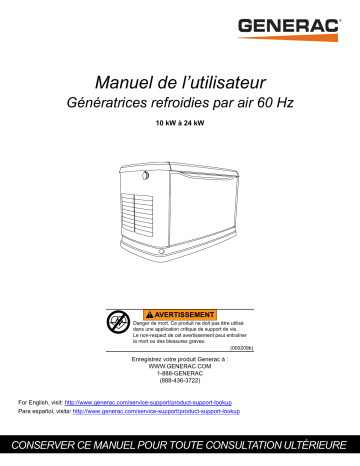 Manuel du propriétaire Generac G0072100 - Génératrice refroidie par air | Fixfr