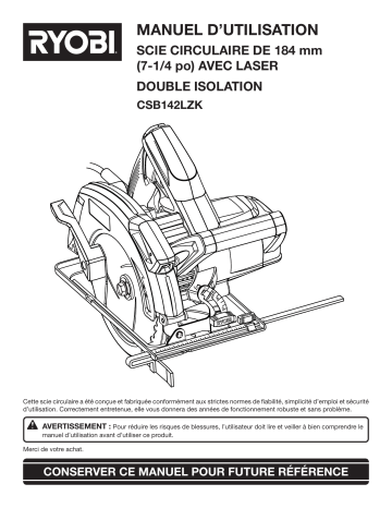 Manuel d'utilisation Ryobi CSB142LZK - Scie circulaire 184 mm avec laser | Fixfr