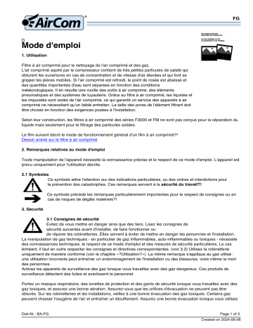 Manuel AirCom FG-12V - Filtre à air comprimé | Fixfr