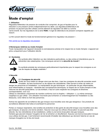 Manuel AirCom R280-08A : Régulateur de pression en laiton | Fixfr