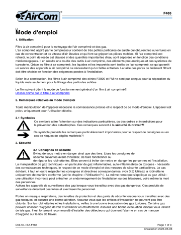 AirCom F465-06IL Manuel du propriétaire - Filtre à air comprimé 60 bars | Fixfr