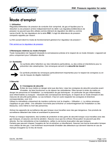 AirCom RWI-16E Manuel du propriétaire - Régulateur de pression pour l'eau | Fixfr