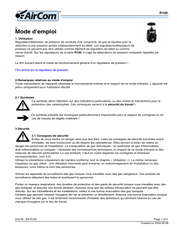 Manuel AirCom R100-02A : Régulateur de pression de précision sans purge | Fixfr