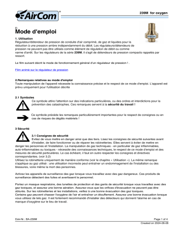 Manuel AirCom 239M0270 - Régulateur de pression d'oxygène | Fixfr