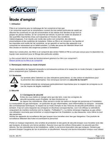 AirCom FH1-02L Manuel du propriétaire - Filtre en plastique pour air comprimé | Fixfr