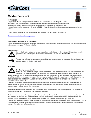 AirCom R039-02B Manuel - Régulateur de pression miniature | Fixfr