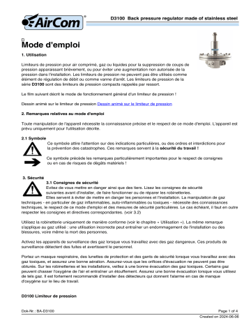 Manuel d'utilisation AirCom D3100-10BT - Régulateur de pression arrière | Fixfr