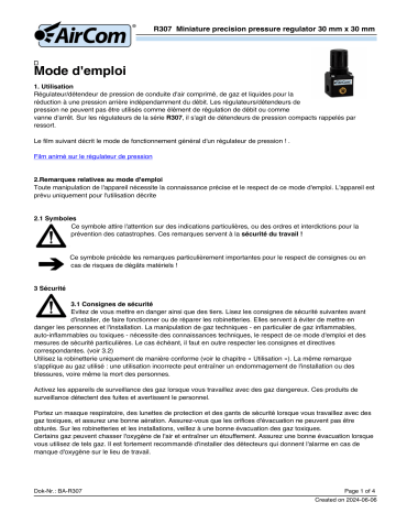Manuel AirCom R307-01C - Régulateur de pression miniature précis | Fixfr