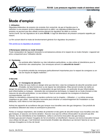 Manuel du propriétaire AirCom R3100-06E - Régulateur basse pression | Fixfr