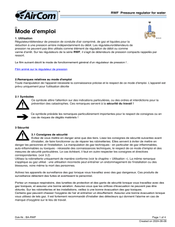 Manuel du propriétaire AirCom RWF-16A - Régulateur de pression pour eau potable | Fixfr