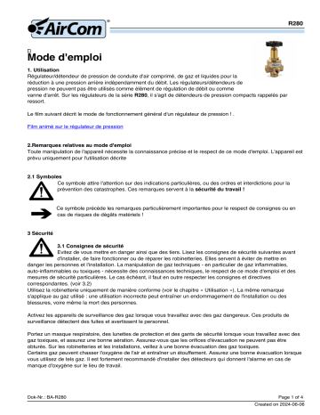 Manuel AirCom R280-02D - Régulateur de pression laiton | Fixfr