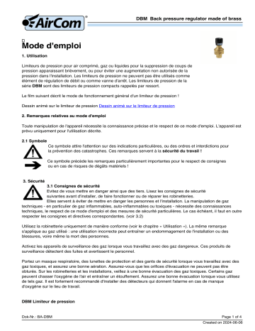 Manuel du propriétaire AirCom DBM-02A - Régulateur de pression arrière | Fixfr