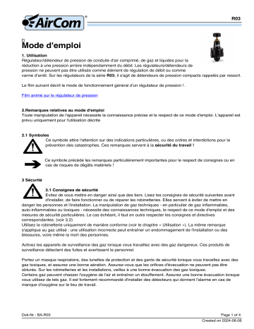 Manuel d'utilisation AirCom R03-03B - Régulateur de pression précis | Fixfr