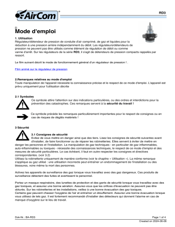 Manuel AirCom RD3-08E - Régulateur/Détendeur de Pression | Fixfr