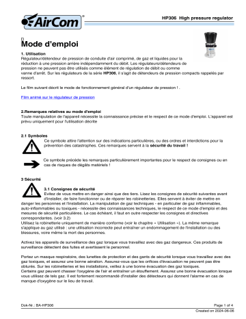 AirCom HP306-035 Manuel du propriétaire - Régulateur de pression haute pression | Fixfr