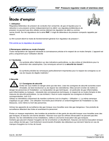 AirCom RAF-06A Manuel du propriétaire -  Régulateur de pression à bride | Fixfr