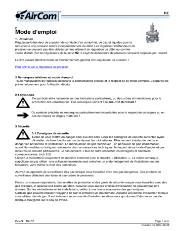 AirCom RZ1-16EF Manuel d'Utilisation - Régulateur de Pression | Fixfr