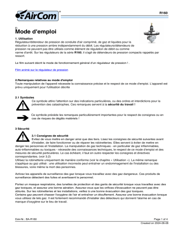 Manuel du propriétaire AirCom R160-12A - Régulateur de pression basse | Fixfr