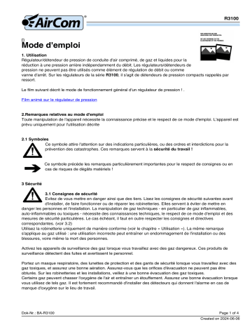 Manuel du propriétaire AirCom R3100-02E - Régulateur de pression basse | Fixfr