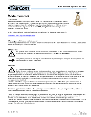 Manuel d'utilisation AirCom RWI-04F - RWI-04F Régulateur de pression pour l'eau potable | Fixfr