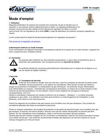 Manuel utilisateur AirCom 239M0220 - Régulateur de pression pour oxygène | Fixfr