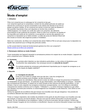 AirCom F445-03EL Manuel du propriétaire : Filtre à air comprimé jusqu'à 60 bars | Fixfr