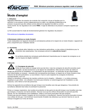 AirCom R900-3,5MWOS Manuel du propriétaire - Régulateur de Pression Miniature | Fixfr