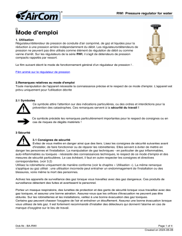 AirCom RWI-02H Manuel du propriétaire - Régulateur de pression d'eau potable | Fixfr