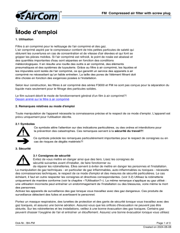 AirCom FM-A2G Manuel du Propriétaire - Filtre à air comprimé robuste | Fixfr