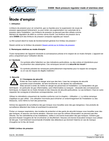 Manuel d'utilisation AirCom D3000-06GT - Régulateur de contre-pression | Fixfr