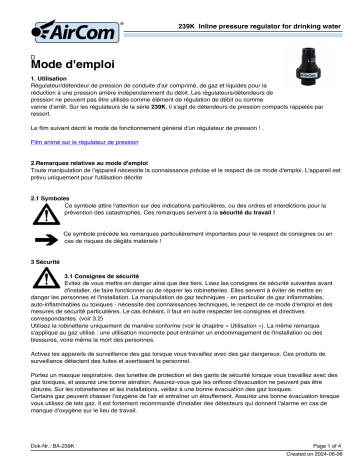 Manuel de l'utilisateur AirCom 239K0210 - Régulateur de pression pour eau potable | Fixfr