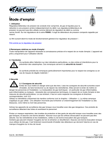 AirCom R3000-01AT Manuel du propriétaire - Régulateur de Pression | Fixfr