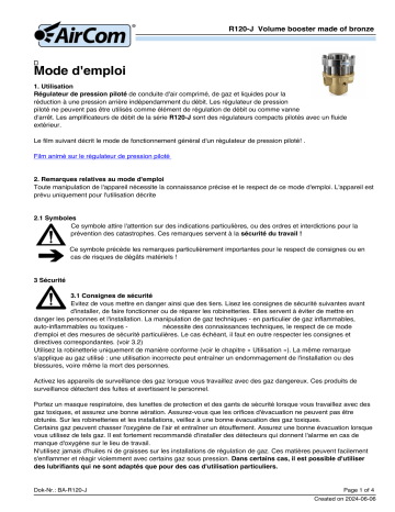 Manuel du propriétaire AirCom R120-08J5 - Amplificateur de débit en laiton | Fixfr