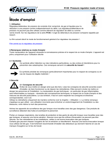 Manuel de l'utilisateur AirCom R120-12A - Régulateur de pression en laiton | Fixfr