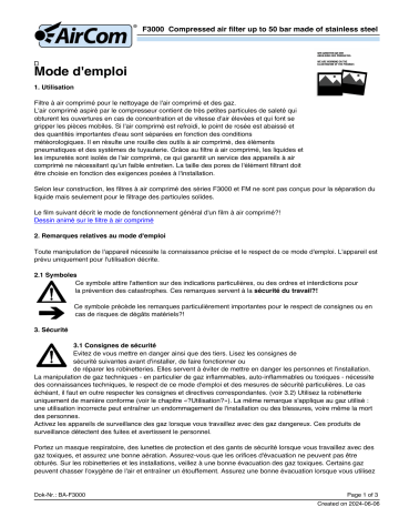 Manuel AirCom F3000-12G - Filtre Air Comprimé Acier Inoxydable | Fixfr
