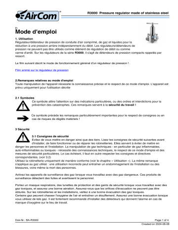 AirCom R3000-10BT Manuel du propriétaire - Régulateur de Pression Acier Inoxydable | Fixfr