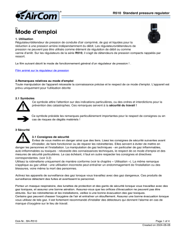 AirCom R510-04B Manuel du Propriétaire - Régulateur de Pression Standard | Fixfr