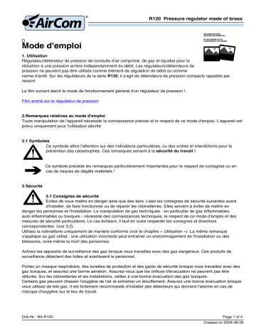 Manuel AirCom R120-24BKF - Régulateur de pression à bride | Fixfr