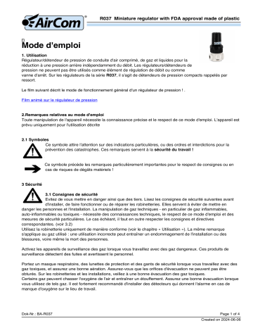 Manuel du propriétaire AirCom R037-01DK - Régulateur de pression miniature | Fixfr