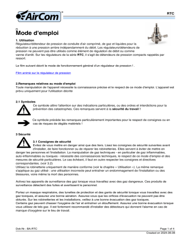 AirCom RTC-12D Manuel du Propriétaire - Régulateur de Pression Tri-clamp | Fixfr