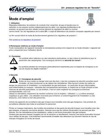 AirCom 231A0240 Manuel du propriétaire - Régulateur de pression fixe | Fixfr